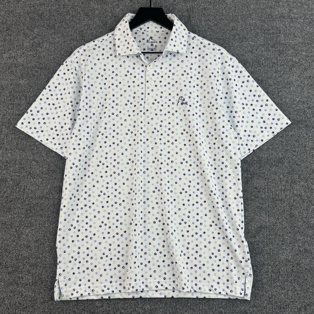Rhoback Performance Polo Shirt Mens M White Dog Paws Print Golf Short Sleeve